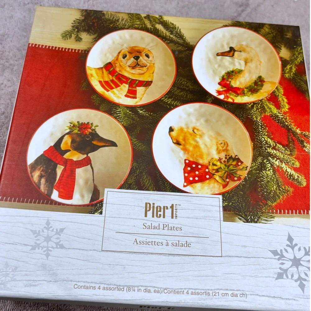 Pier 1 Christmas Wild Animals Salad Plates Set of 4 Penguin Swan Polar Bear Seal